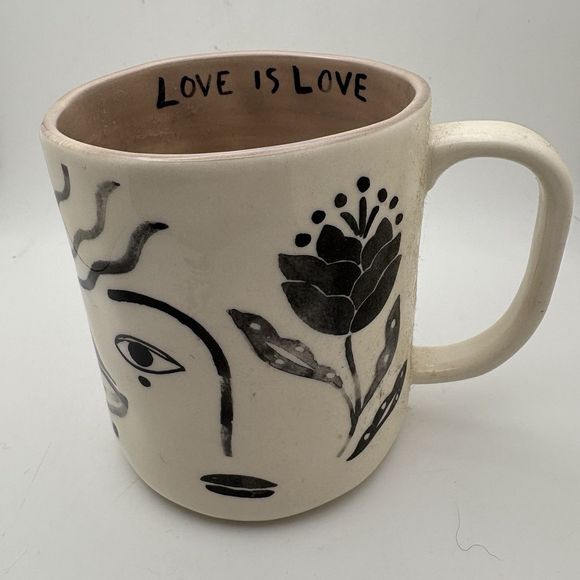Anthropologie Hestia Mug Love is Love White Black Face Flowers Inside Message - Picture 4 of 5